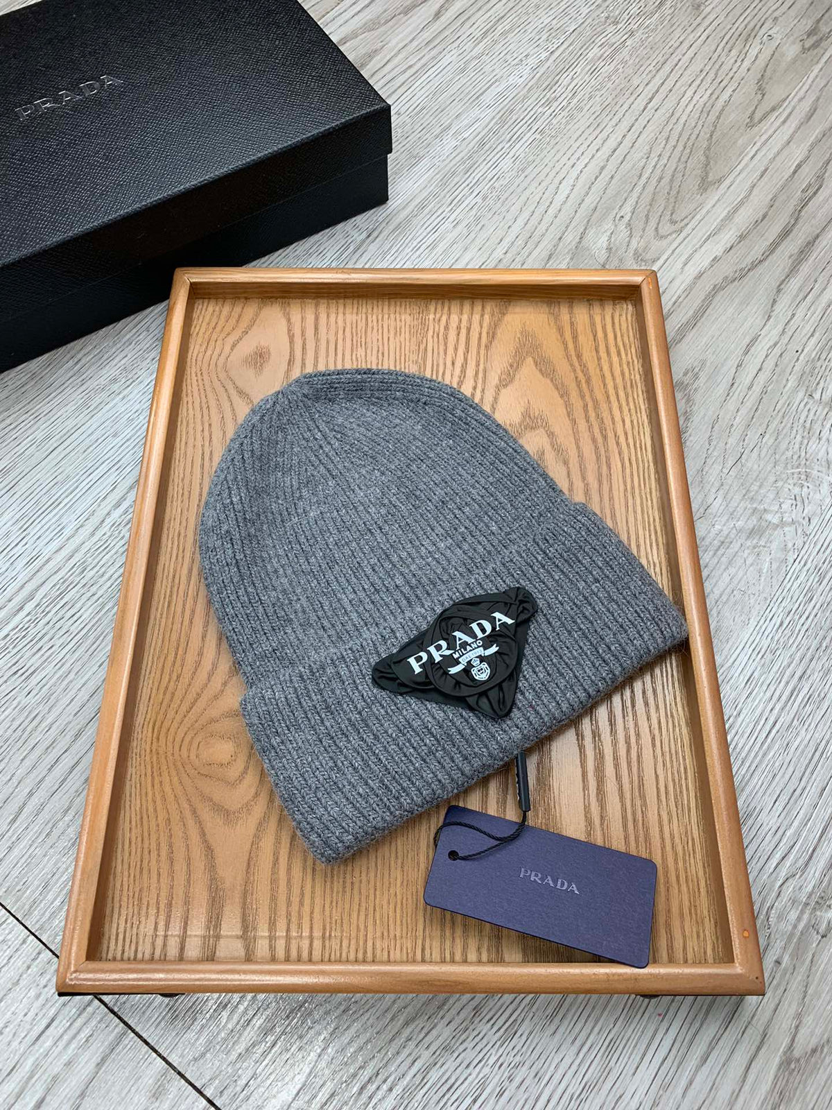 PRADA BEANIE HAT IN RHINO GRAY WOOL 431361