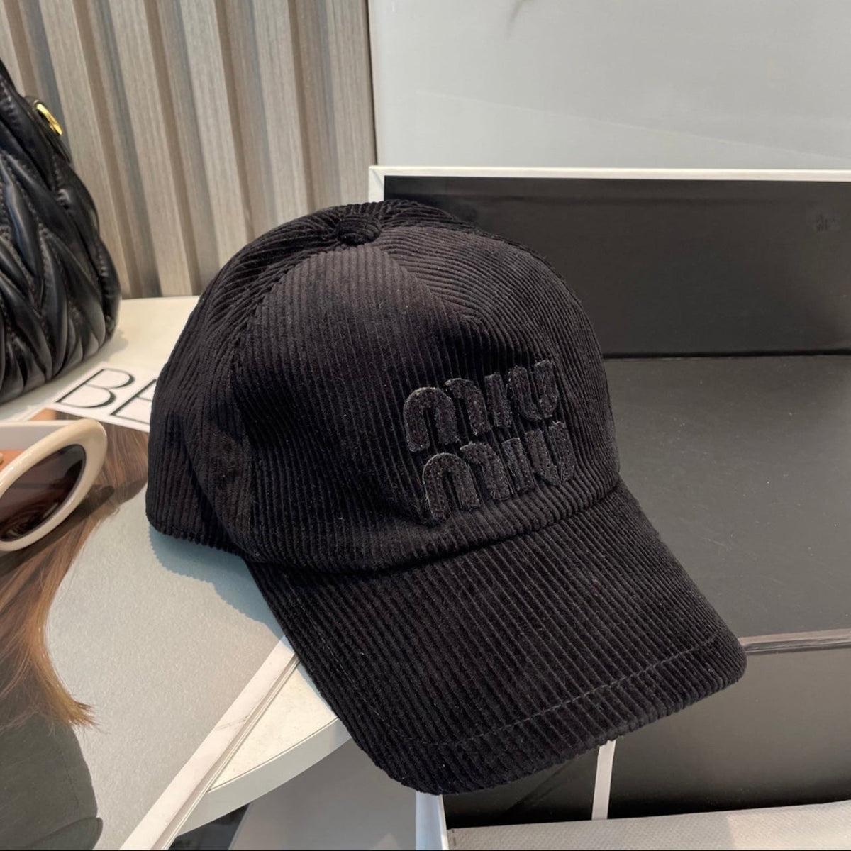 MIU MIU MM BASEBALL CAP IN BLACK VELVET