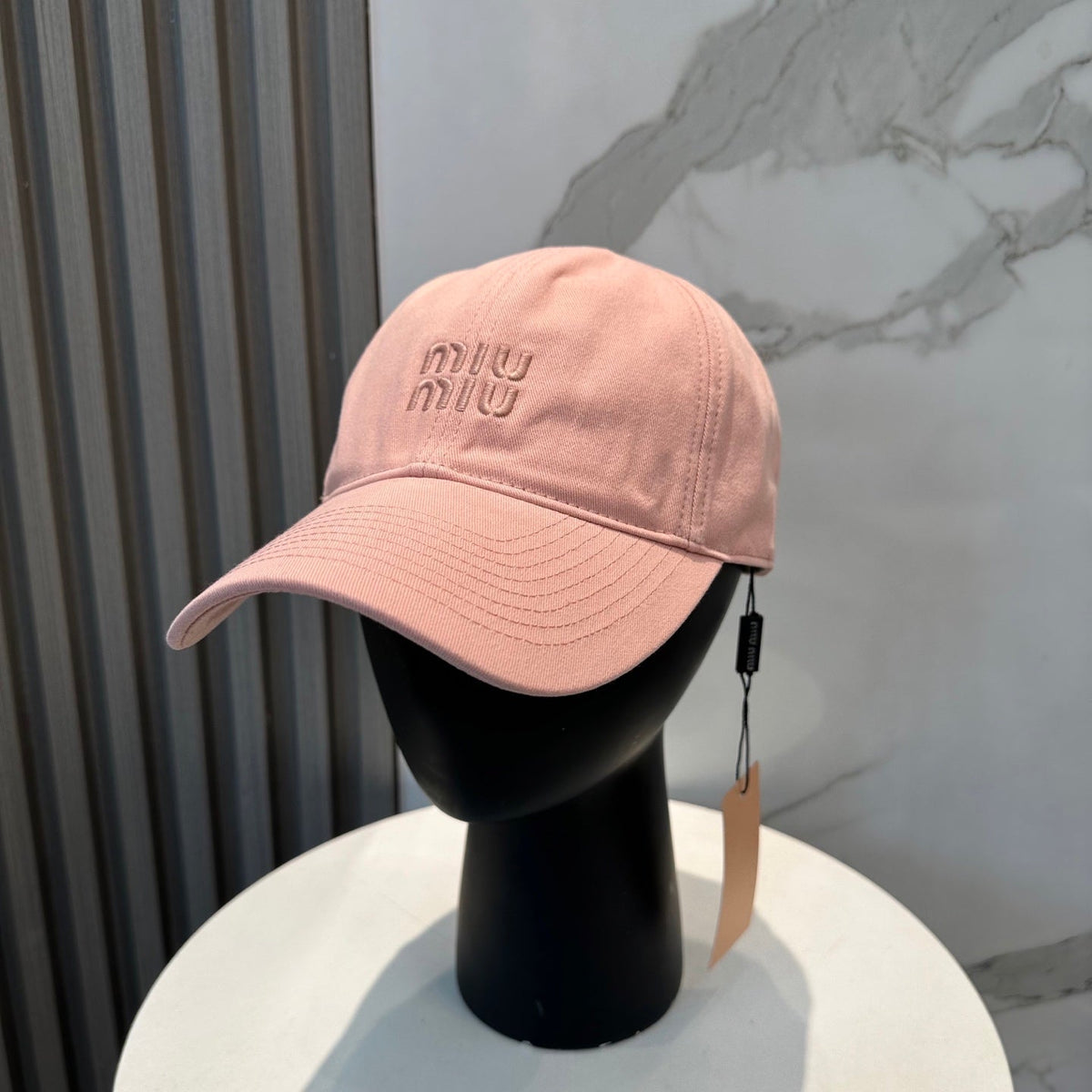 MIU MIU MM BASEBALL CAP IN PEACHY PINK FABRIC BRAND EMBROIDERY