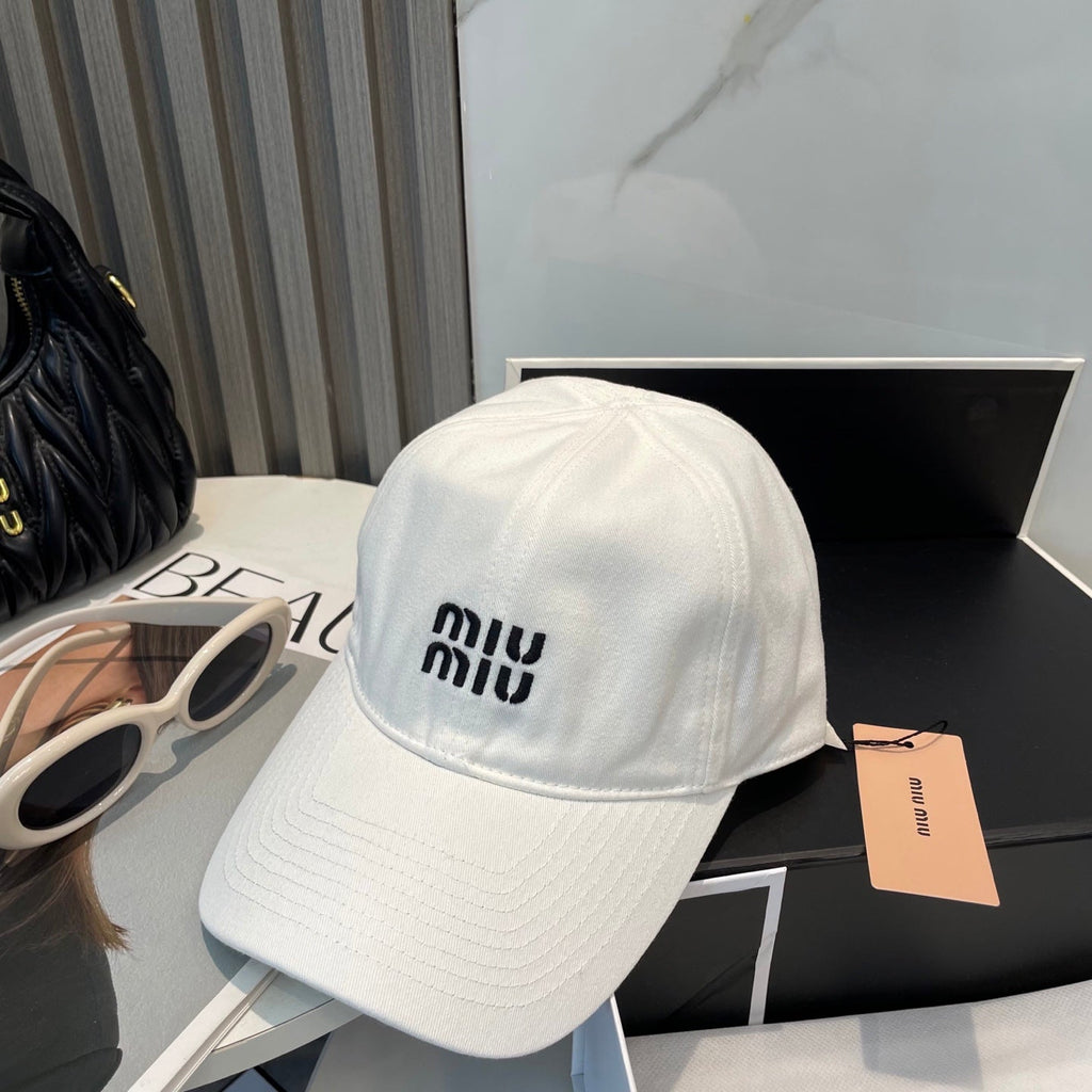MIU MIU MM BASEBALL CAP IN WHITE FABRIC BRAND EMBROIDERY