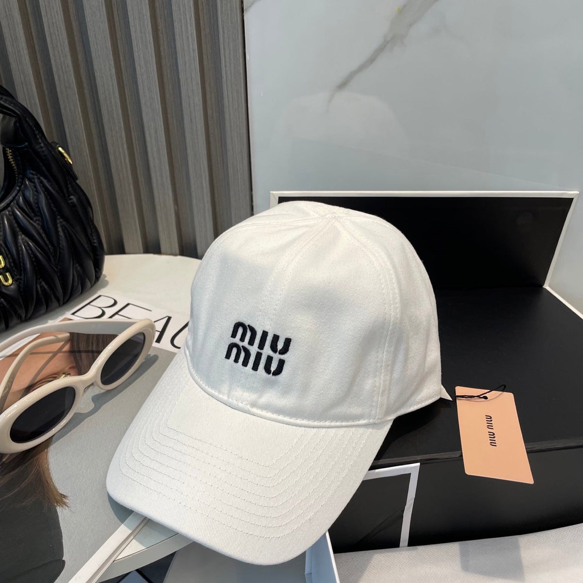 MIU MIU MM BASEBALL CAP IN WHITE FABRIC BRAND EMBROIDERY