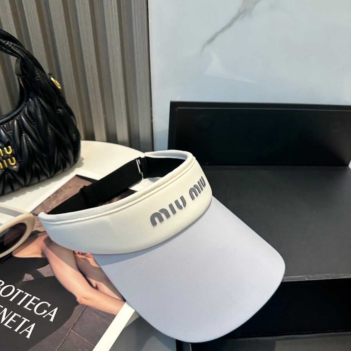 MIU MIU MM SPORT VISOR CAP IN COOL GRAY MIX WHITE FABRIC