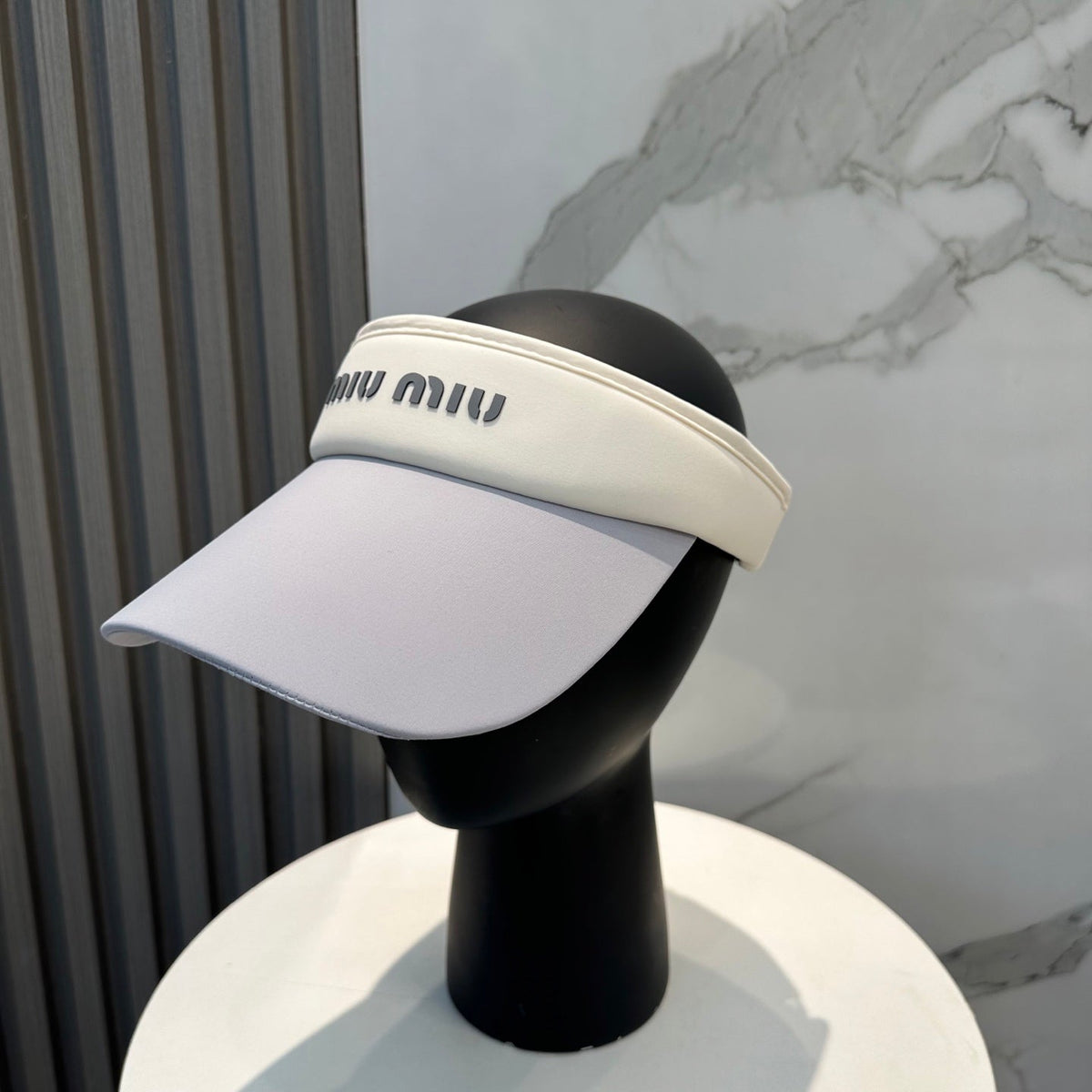 MIU MIU MM SPORT VISOR CAP IN COOL GRAY MIX WHITE FABRIC