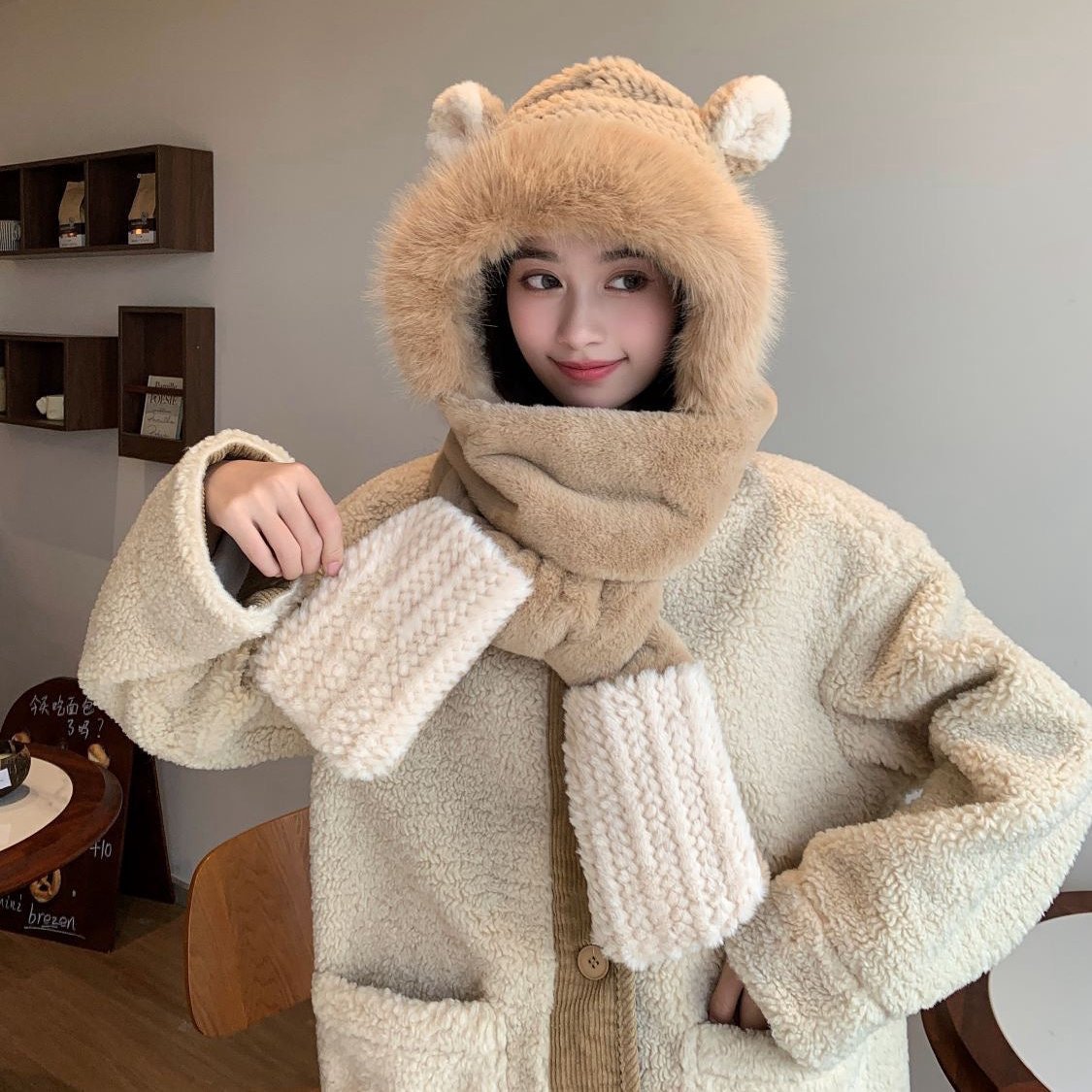 CHANEL BALACLAVA HAT IN CAMEL BEIGE MIX WHITE FLEECE 422215
