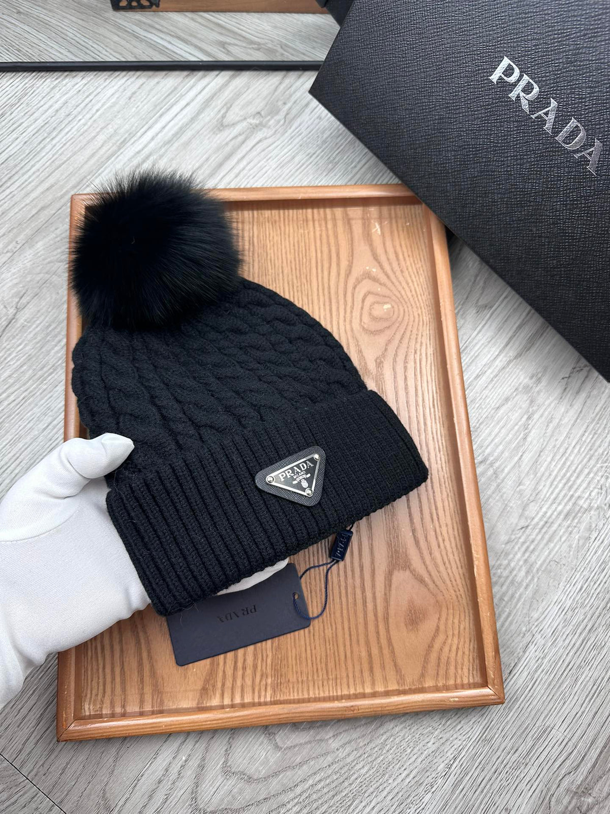 PRADA BEANIE HAT IN BLACK WOOL 352375