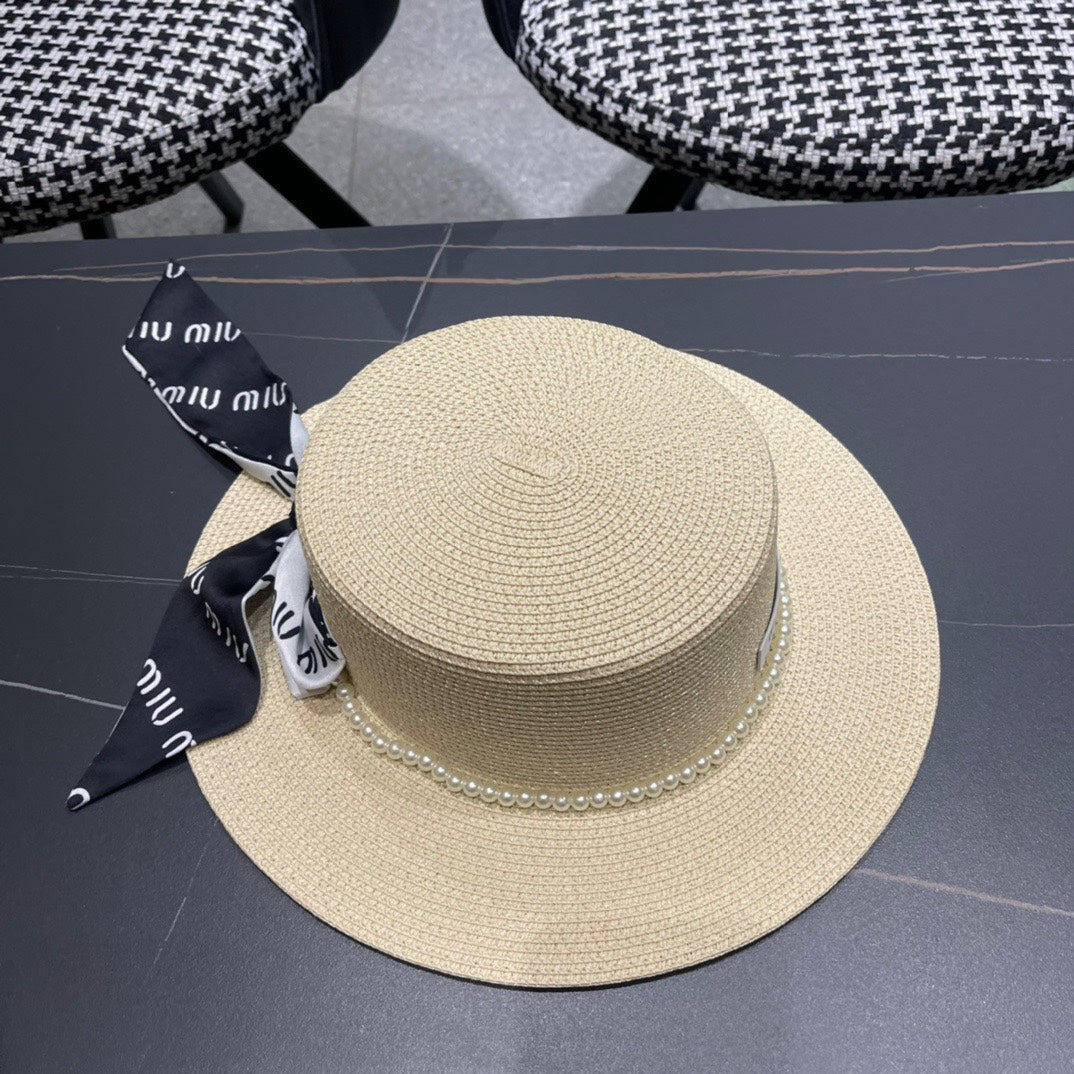 MIU MIU MM SMALL-BRIM STRAW HAT IN LIGHT BEIGE AND PEARL EMBELLISHED