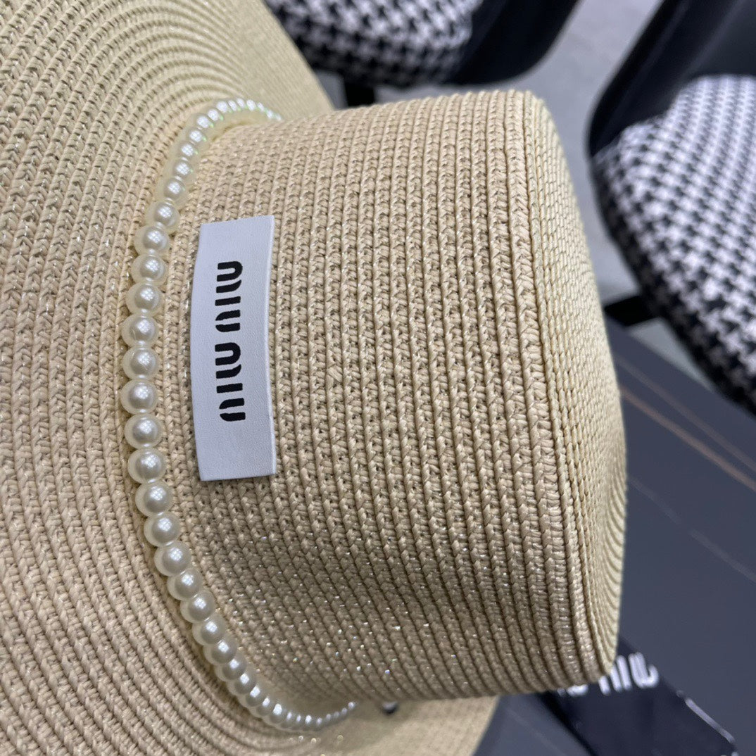 MIU MIU MM SMALL-BRIM STRAW HAT IN LIGHT BEIGE AND PEARL EMBELLISHED