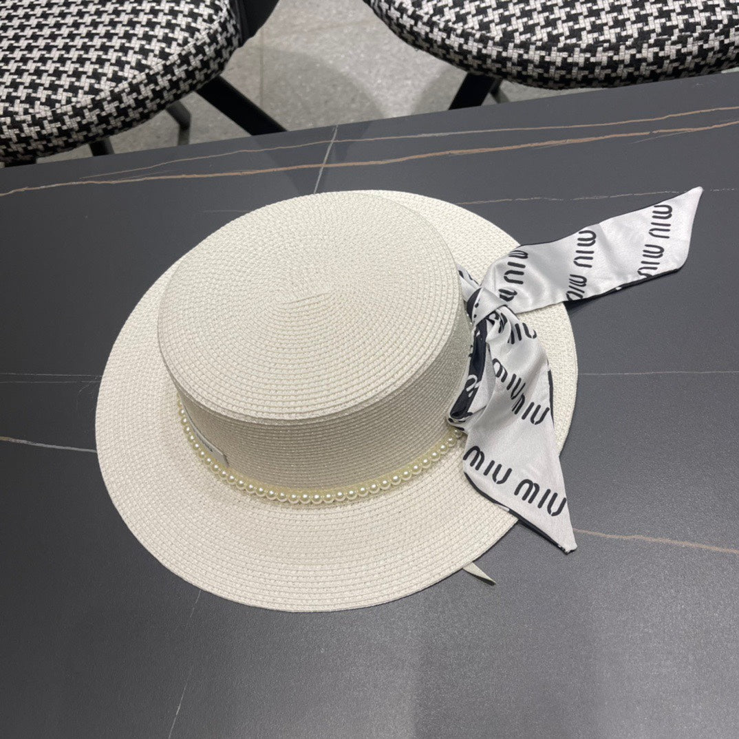 MIU MIU MM SMALL-BRIM STRAW HAT IN CREAM WHITE AND PEARL EMBELLISHED